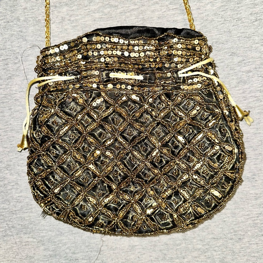 Vtg Gold Beaded Sequin Drawstring Pouch Bag Evening Wedding Potli Reticule Purse - Picture 2 of 6